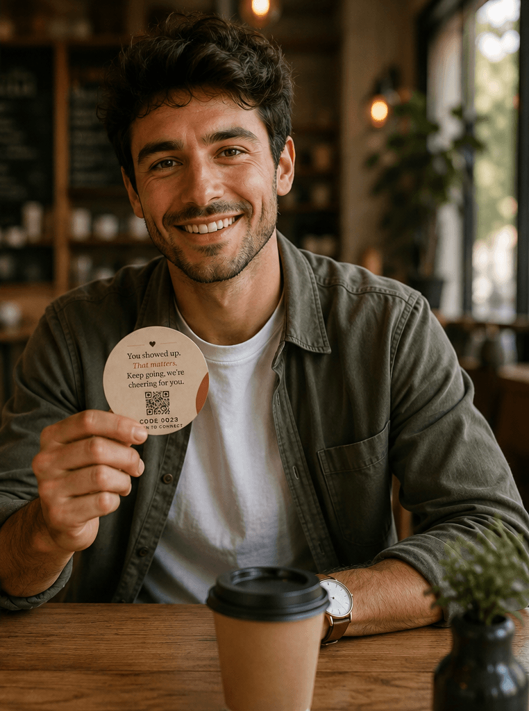 A man at a coffee shop holding a LuckySip card.