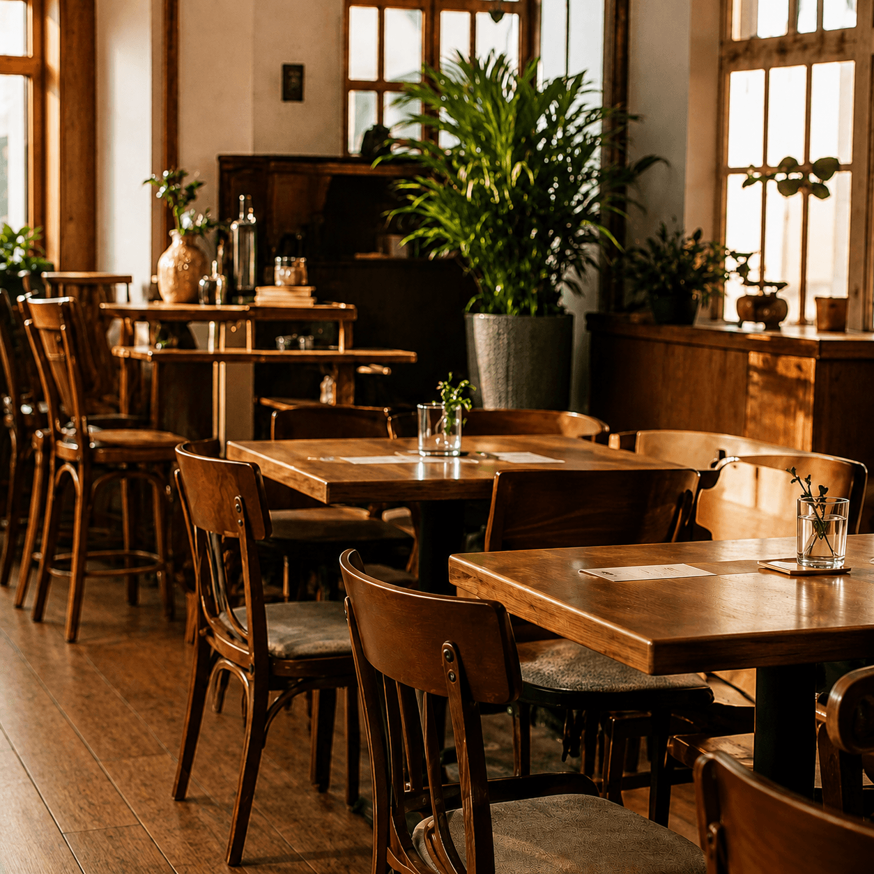 A bright café interior with wooden tables and chairs.